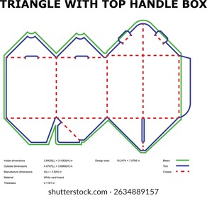 Blueprint diagram of a triangle shaped box with top handle for packaging purposes
