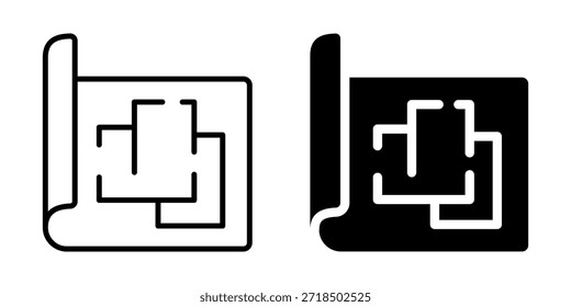 Blueprint and digital chip icon design on scroll and digital tablet