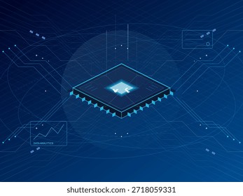 Un plano de una placa de circuito digital ilustra el análisis y procesamiento de datos. Las líneas y los gráficos muestran el flujo de información en un entorno de tecnología. El enfoque se centra en un modelo de unidad de procesamiento central.