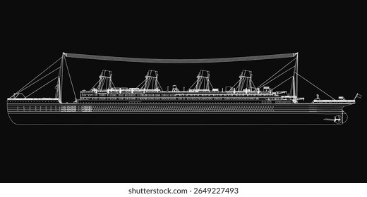Blueprint displays the iconic passenger ship with intricate details on a black background. The drawing highlights the stern, masts, and sails with precision.
