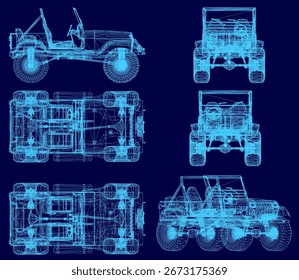 Planta de modelos de carro distintos exibidos em estilo wireframe em um fundo azul, destacando detalhes do design SUV. A ilustração técnica enfatiza a estrutura e as dimensões.