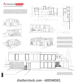 Blueprint Drawing Of 3D Building. Vector Architectural Template Background. EPS10