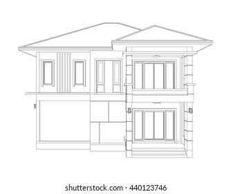 blueprint drawing of 3D home building (front view)
