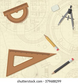 Blueprint with drawing equipment. Architectural and engineering vector background.