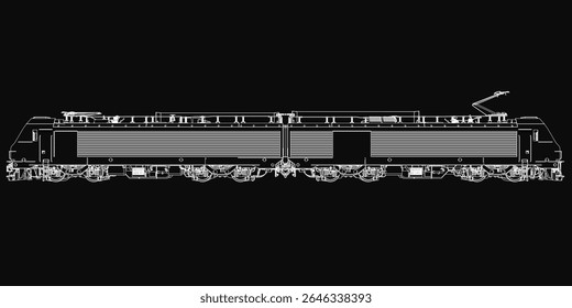 Blueprint of an electric locomotive in black and white, featuring detailed engine components, passenger cabins, and mechanical elements. The technical drawing highlights the train's structure