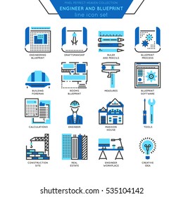 Blueprint And Engineer Line Icon Color Set. Draftmanship, Tools For Engineering, Software And Workplace. Simple Logo Pictograms, Mini Concepts For Web, Banner Or Poster Design. Vector Illustration