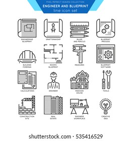 Blueprint And Engineer Line Icon Set. Draftmanship, Tools For Engineering, Software And Workplace. Vector Illustration