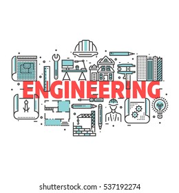 Blueprint And Engineer Line Icons Design Concept. For Poster, Header, Web. Line Logo Pictograms