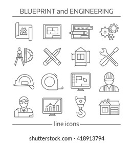 Blueprint And Engineering Linear Icons Set With Gears Computer Programs Crane Tools Drafts Schemes Isolated Vector Illustration 