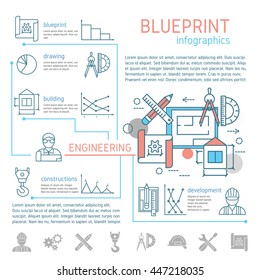 Blueprint and engineering linear infographics with drafts and drawing tools design text diagrams graphs vector illustration