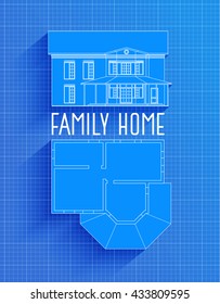 Blueprint of family house design. Facade and plan technical drawing on blue background. Vector illustration.