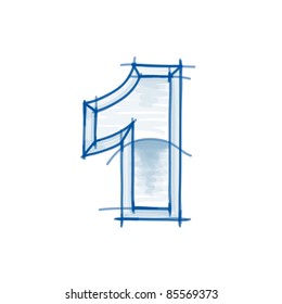 Blueprint figure sketch - digit 1 - marker drawing. Eps10