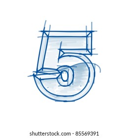 Blueprint figure sketch - digit 5 - marker drawing. Eps10