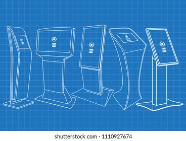 Blueprint of five Promotional Interactive Information Kiosk, Advertising Display, Terminal Stand, Touch Screen Display. Mock Up Template.
