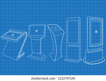 
Blueprint of five Promotional Interactive Information Kiosk, Advertising Display, Terminal Stand, Touch Screen Display. Mock Up Template.