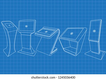 Blueprint of five Promotional Interactive Information Kiosk, Advertising Display, Terminal Stand, Touch Screen Display. Mock Up Template.