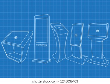 Blueprint of five Promotional Interactive Information Kiosk, Advertising Display, Terminal Stand, Touch Screen Display. Mock Up Template.