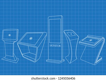 Blueprint of five Promotional Interactive Information Kiosk, Advertising Display, Terminal Stand, Touch Screen Display. Mock Up Template.