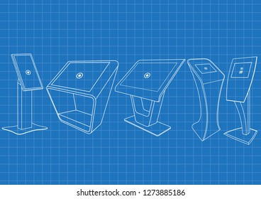Blueprint of five Promotional Interactive Information Kiosk, Advertising Display, Terminal Stand, Touch Screen Display. Mock Up Template.