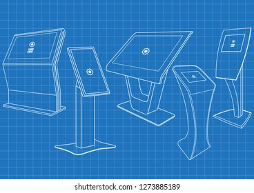 Blueprint of five Promotional Interactive Information Kiosk, Advertising Display, Terminal Stand, Touch Screen Display. Mock Up Template.