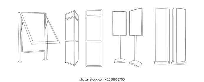 Blueprint of five Promotional Interactive Information Kiosk, Advertising Display, Terminal Stand, Touch Screen Display. Mock Up Template.