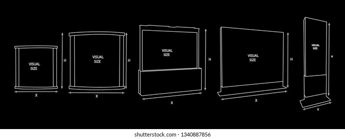 Blueprint of five Promotional Interactive Information Kiosk, Advertising Display, Terminal Stand, Touch Screen Display. Mock Up Template. Vector 