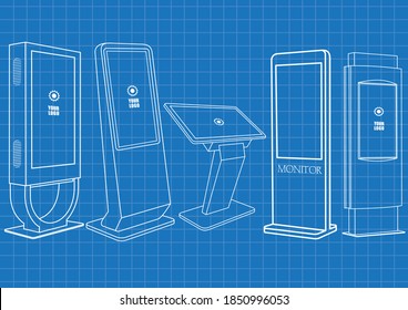 Blueprint of Five Promotional Interactive Information Kiosk, Advertising Display, Terminal Stand, Touch Screen Display. Mock Up Template.