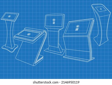 Programa de cinco kioscos de información interactiva promocional, pantalla publicitaria, soporte terminal, pantalla táctil. Plantilla de maqueta.