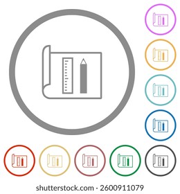 Blueprint flat color icons in round outlines on white background