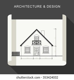 Blueprint flat illustration. Architectural drawing on white roll paper.