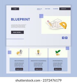 Blueprint flat landing page website template. Mechatronics, innovative engineering, environmental. Web banner with header, content and footer. Vector illustration.