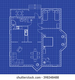 Blueprint floor plan of a modern apartment on graph paper. Vector Illustration.