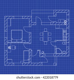 Blueprint floor plan of a modern apartment on graph paper. Vector Illustration.