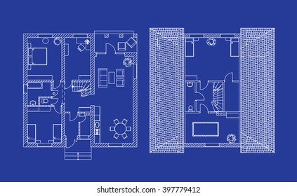 Blueprint floor plans of a modern apartment. Vector Illustration.