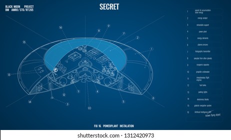 Blueprint of a flying saucer/UFO/ in isometric with a slit. Vector