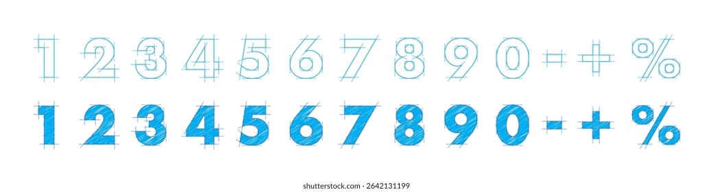 Blueprint font. Architectural typeface. Engineering sketch numbers. Technical drawing digits and symbols with construction lines and shading. Graphic vector illustration.