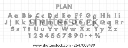 Blueprint font. Architectural typeface. Technical drawing alphabet with geometric construction guides, capital and lowercase letters, numbers, and symbols. Graphic vector illustration.