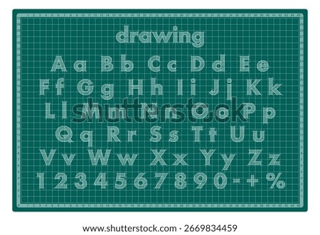 Blueprint font. Architectural typeface. Technical drawing alphabet and numbers with measurement guides on green cutting mat grid. Graphic vector illustration.