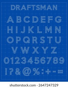 Letras de fonte de plano. Fonte do engenheiro de construção, letras do alfabeto arquitetônico e números no fundo da grade de medida azul. Fonte do estilo de desenho técnico. Ilustração vetorial.