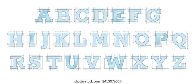 Blueprint font. Modern geometric architectural letters, wireframe technical text with bevel strokes, minimal typography for logo design. Vector set of text type abc, typeface letter illustration