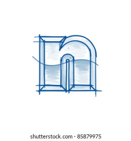 Blueprint font sketch - letter n - marker drawing