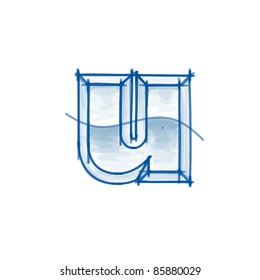 Blueprint font sketch - letter u - marker drawing