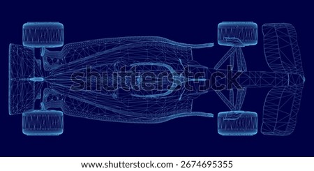 Blueprint of a Formula 1 car displayed on a blue background, featuring detailed wireframe design elements. The sportcar's aerodynamic structure, suspension system.