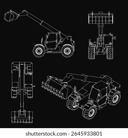 Planta de quatro veículos de construção em um fundo preto, com um elevador telescópico para levantamento pesado, juntamente com uma retroescavadeira e outras máquinas.