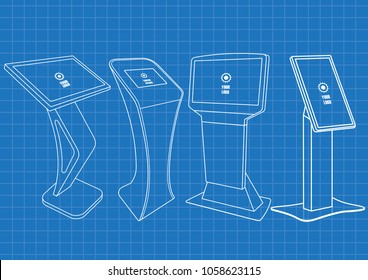 Blueprint of four Promotional Interactive Information Kiosk, Advertising Display, Terminal Stand, Touch Screen Display. Mock Up Template.