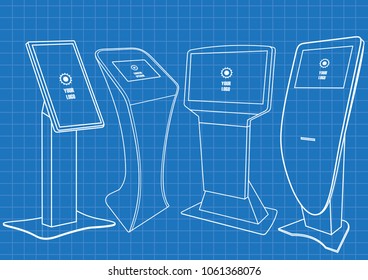 Blueprint of four Promotional Interactive Information Kiosk, Advertising Display, Terminal Stand, Touch Screen Display. Mock Up Template.