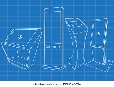 Planta de quatro quiosques de informações interativas promocionais, exibição de anúncios, suporte terminal, tela sensível ao toque. Modelo de maquete.