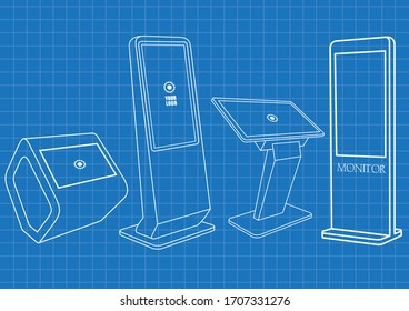 Blueprint of four Promotional Interactive Information Kiosk, Advertising Display, Terminal Stand, Touch Screen Display. Mock Up Template.