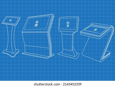 Blueprint of four Promotional Interactive Information Kiosk, Advertising Display, Terminal Stand, Touch Screen Display. Mock Up Template.