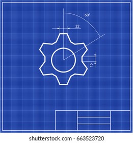 Blueprint gear with framework scale. Blueprints. Mechanical engineering drawings of gear. Cover. Banner. Technical Design White and blue